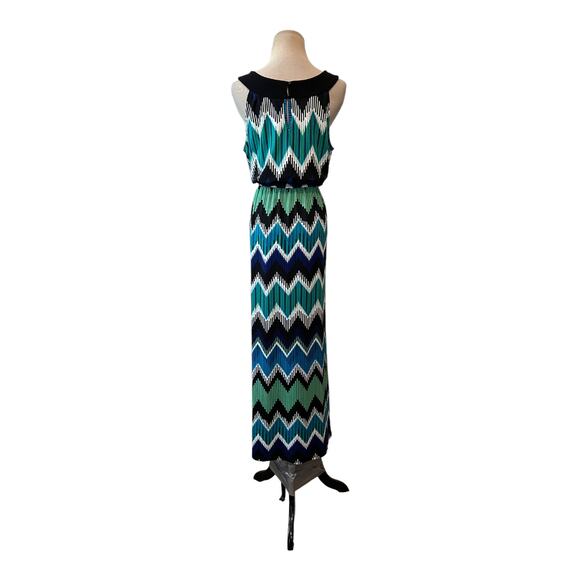 AB Studio blue green zig zag print sleeveless maxi dress size Small - Picture 2 of 11